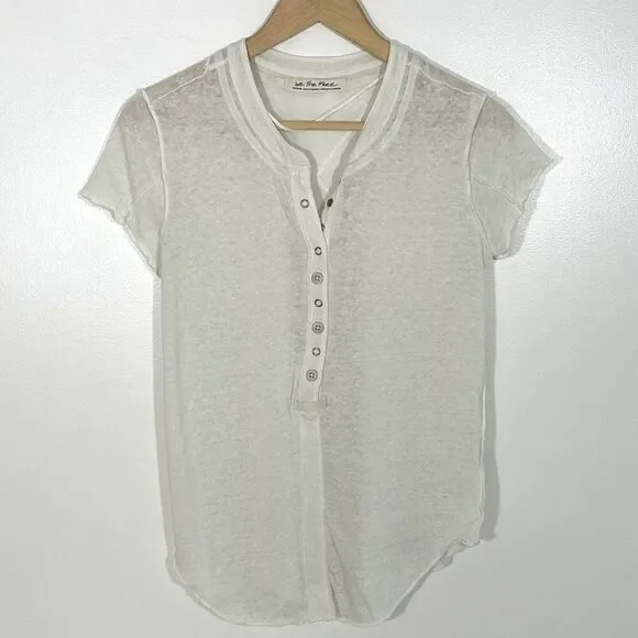 Free People What's Good Henley Top Size Medium Short Sleeve Tee Cotton Linen - Picture 4 of 11